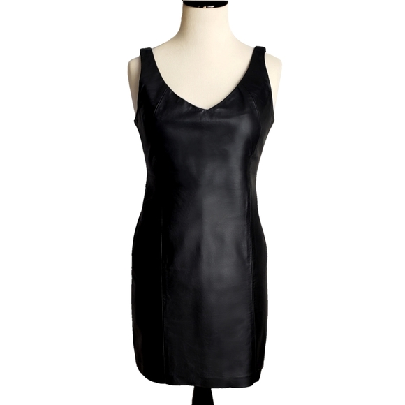 Vintage Dresses & Skirts - Vintage Leather Mini Dress 80's Black Small 2/4
